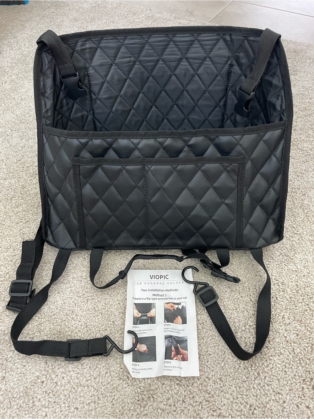 Black Quilted Car Seat Organizer/Handbag Holder with Straps and Pockets